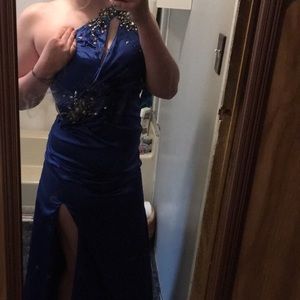 Blue embellished one shoulder prom dress